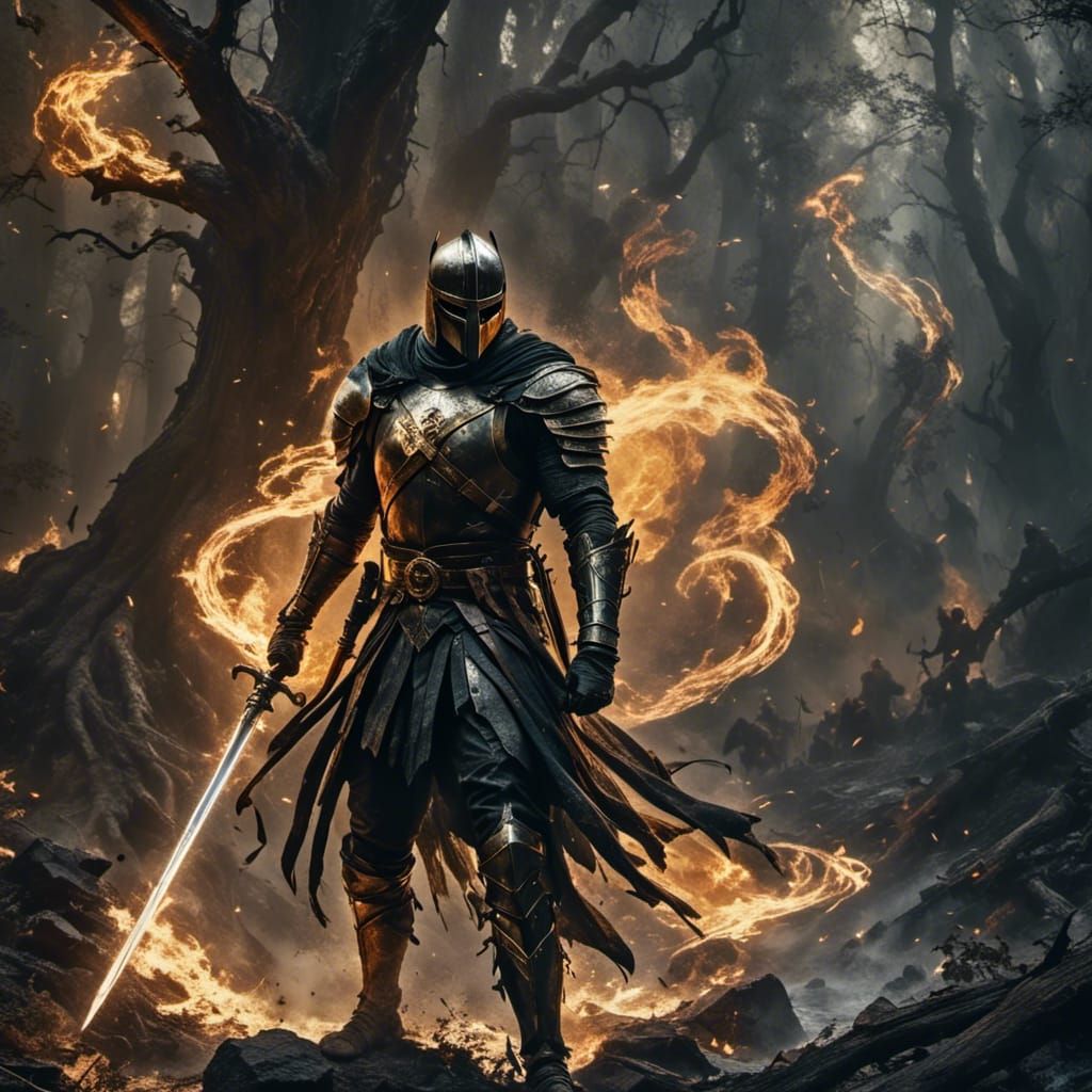 Medieval Knight with Flaming Sword in Cinematic Style