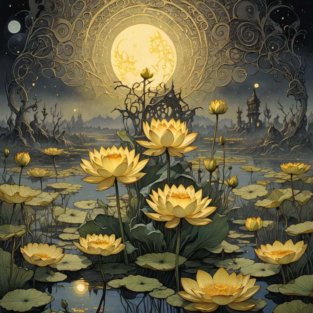 Eldritch Yellow Lotus Under Pale Moonlight