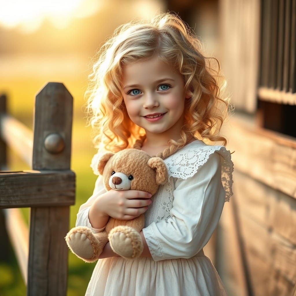 Gentle Sunday Morning with Angelic Girl and Teddy Bear