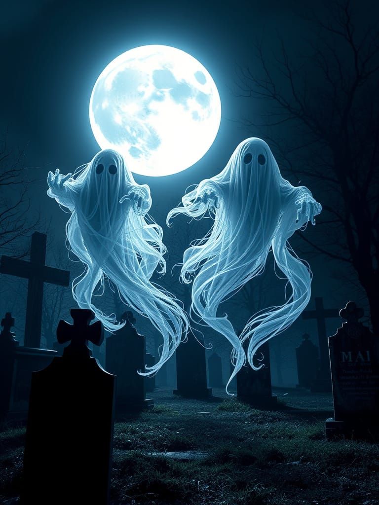 Ethereal Ghosts Swirl as Shimmering Lights Amidst Moonlit Gr...