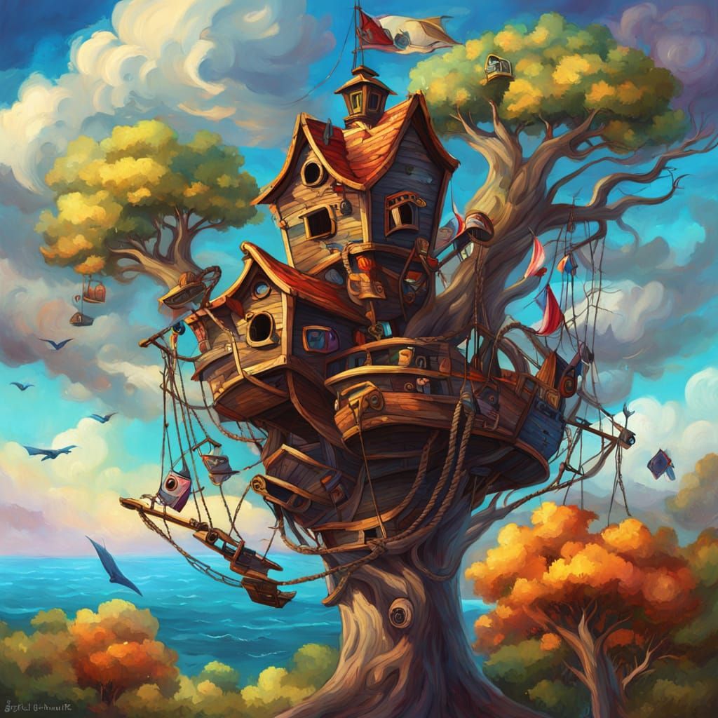 Birdhouse Pirate Ship in a Gnarled Tree