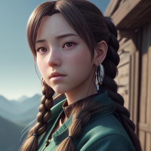 Anime Portrait: Woman on Mountain Overlooking River