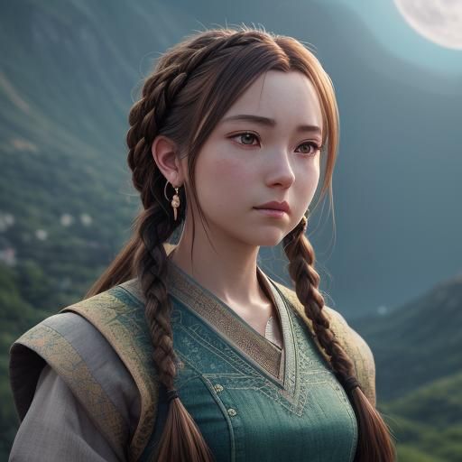 Anime Portrait: Woman on Mountain Top at Night