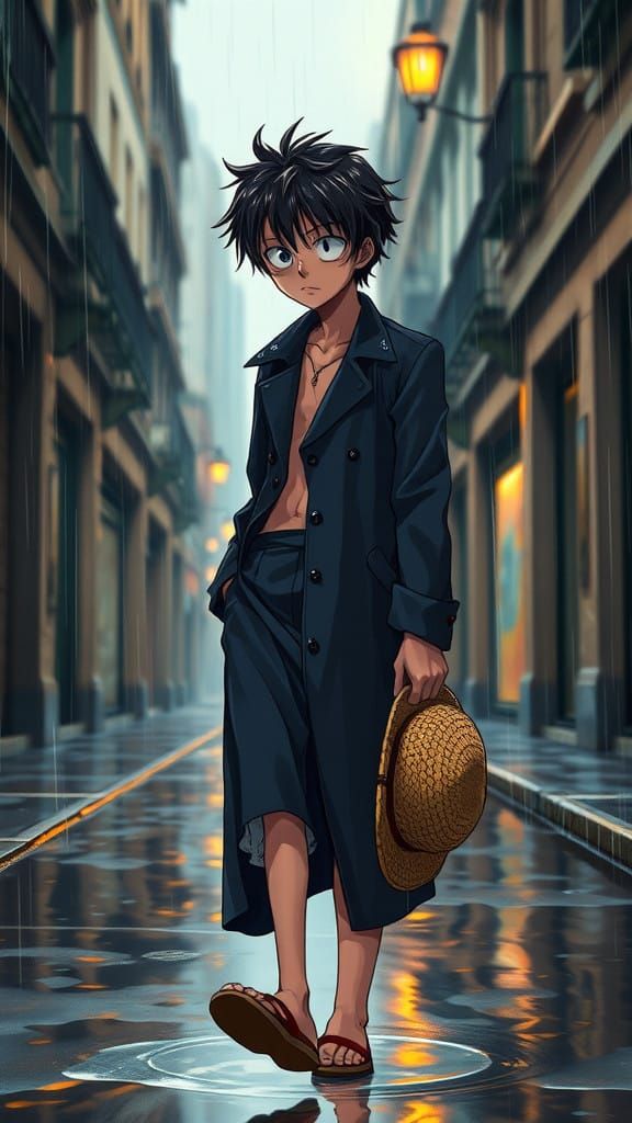 Rainy City Streets, Lonely Figure in Elegant Posture