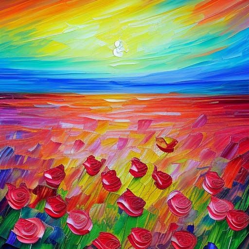 Ocean of Roses in Expressionist Impasto Style