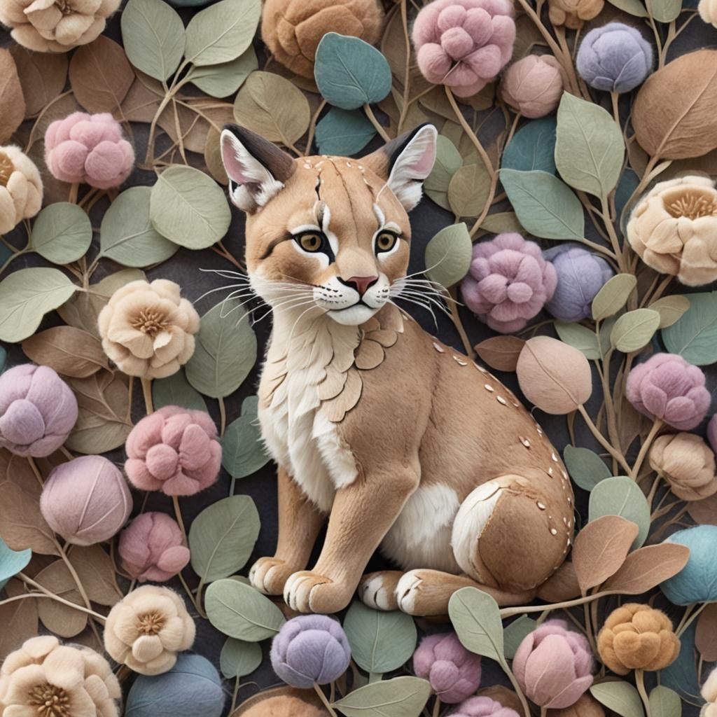 Felt Puma Among Lunaria Pods in Watercolor Style