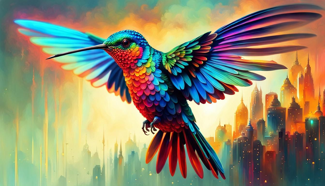 Neon Steampunk Hummingbird in Vibrant Colors