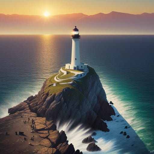 Hyperrealistic Lighthouse on Rocky Coast in Splash Art Style