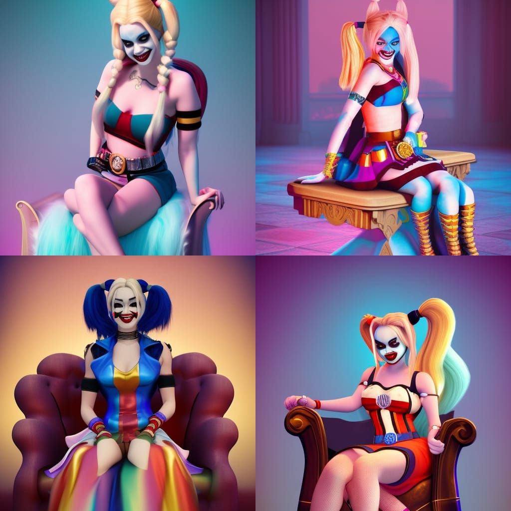 Harley Quinn as Princess on Throne in Photorealistic Style