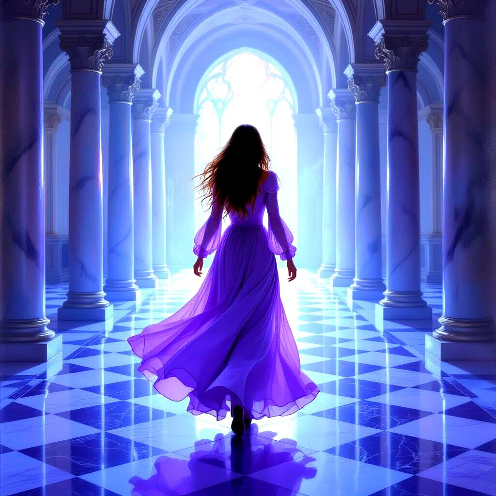 Girl in Pink Dress Walks Away Through Grand Hall