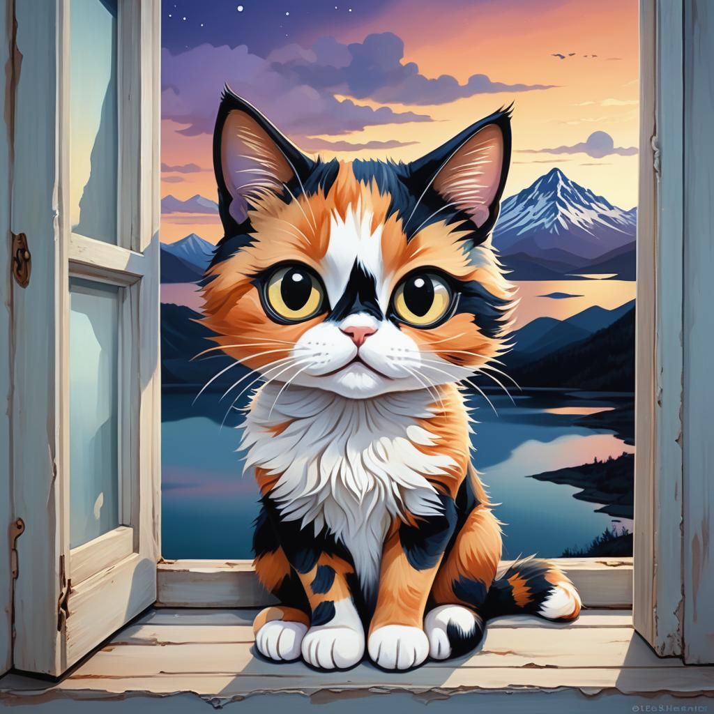 Calico Cat Contemplates Mountain Lake Sunset