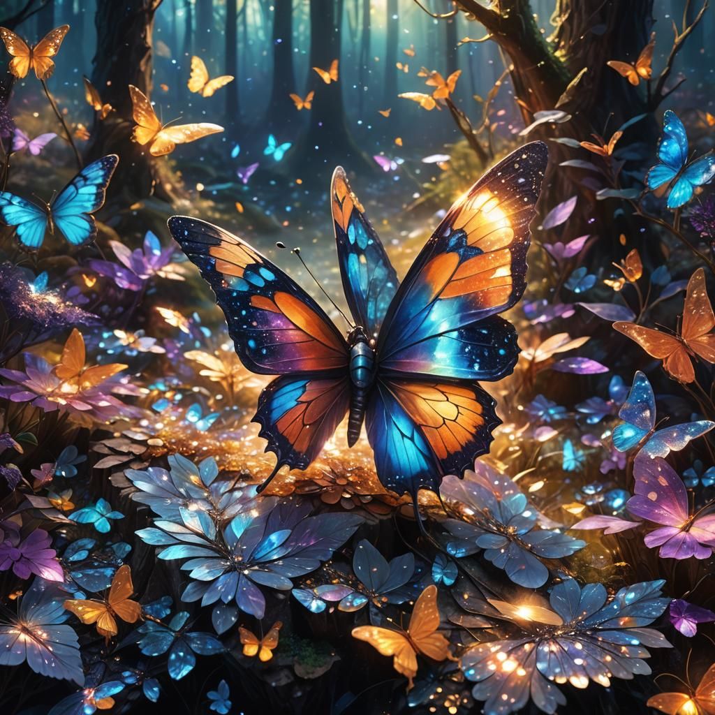 Iridescent Butterfly on Crystal in Mystical Forest