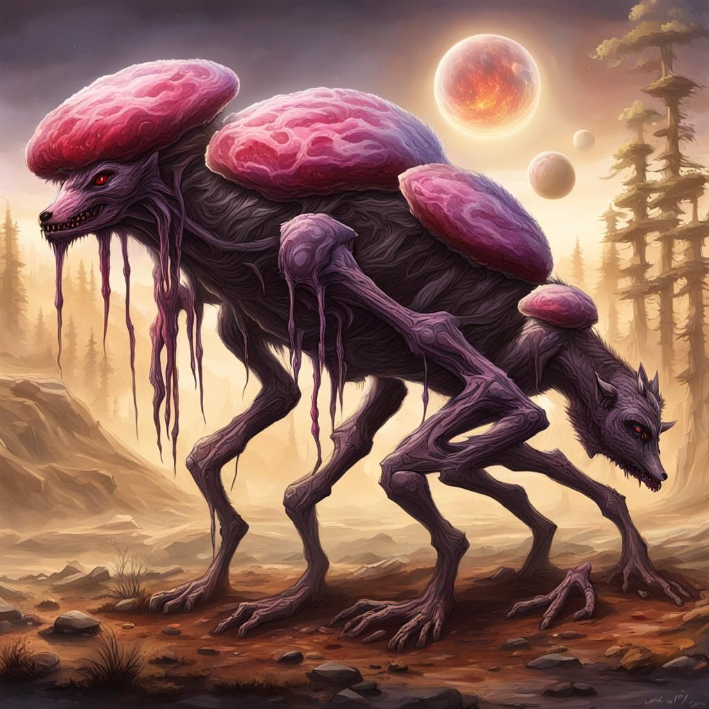Alien Wolf Creatures on Distant Exoplanet: Scientific Illust...
