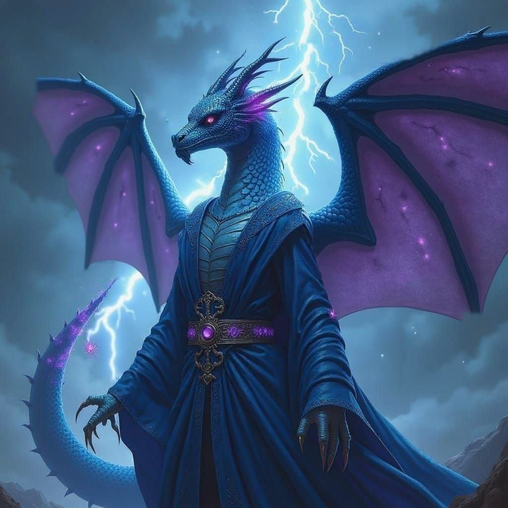 Winged Dragonborn Divination Wizard in Lightning Storm