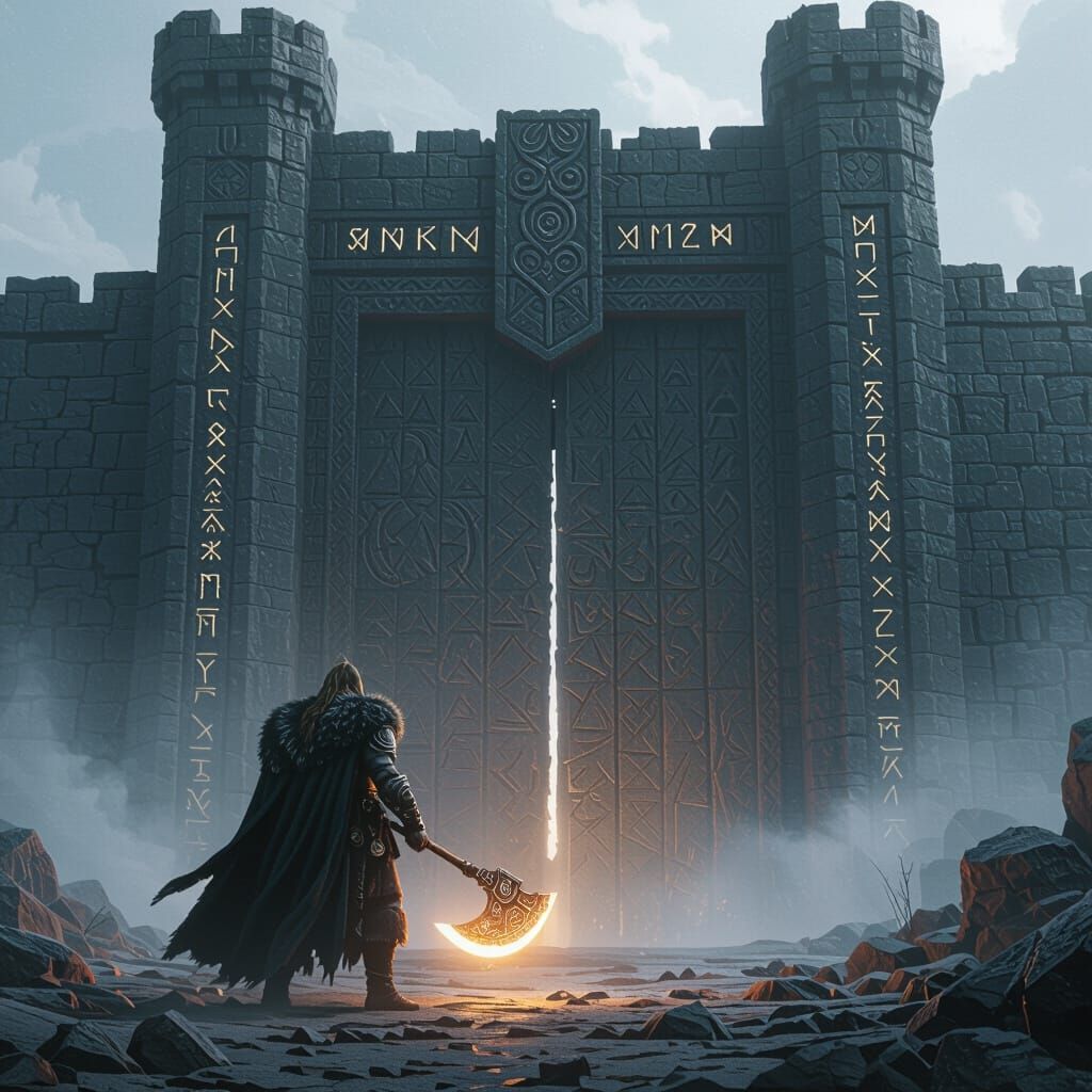 Viking Warrior Before Rune Gate in Dramatic Fantasy Art