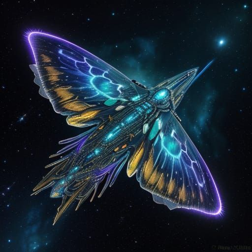 Bioluminescent Arthropod Spaceship in Vibrant Nebula