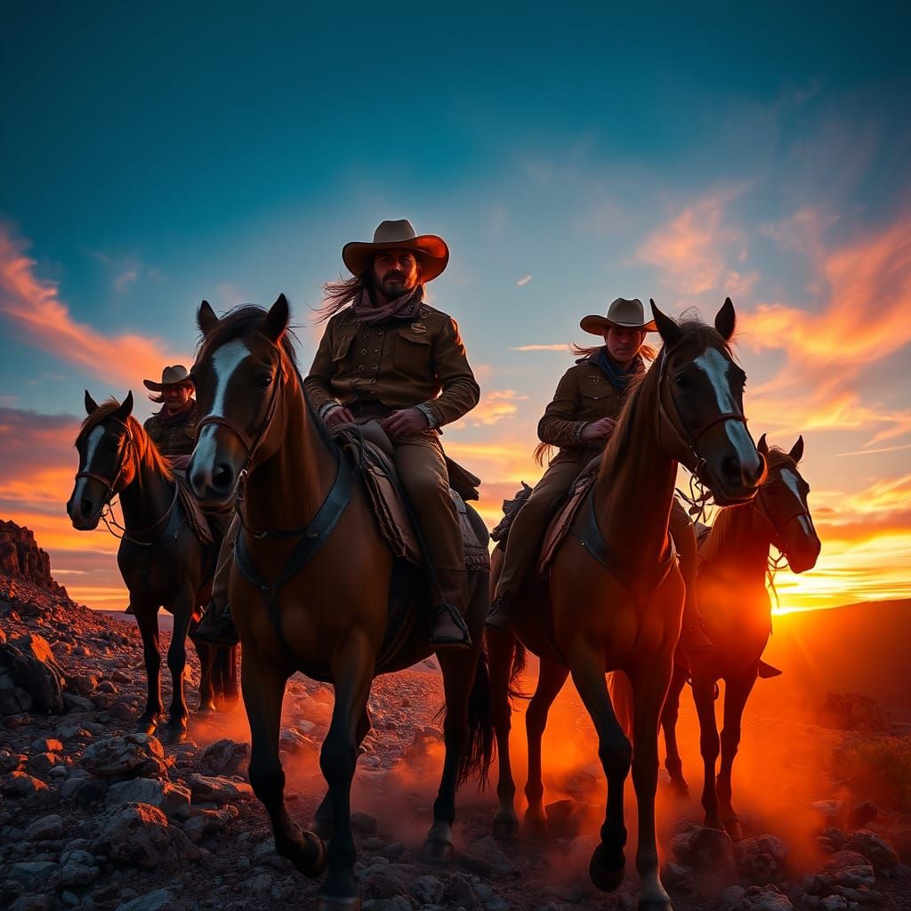 Cowboys Ride into a Hyperrealistic Sunset