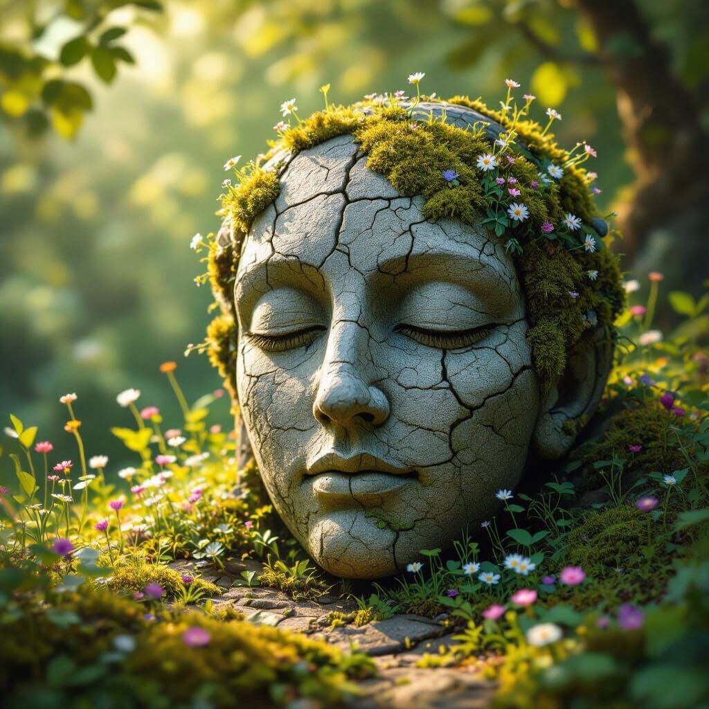 Ancient Mosaic Stone Head with Wildflowers