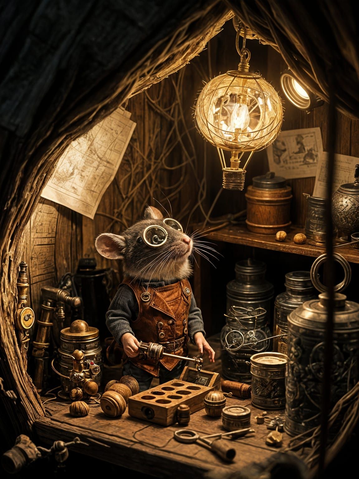 Steampunk Mouse Tinkerer in a Whimsical Workshop