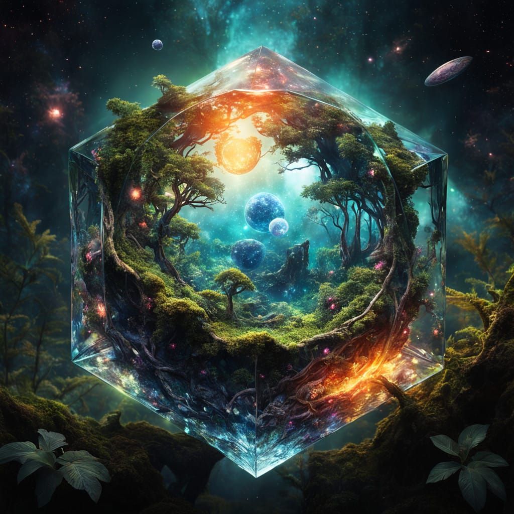 Surreal Glass Dodecahedron in Enchanted Galaxy Forest