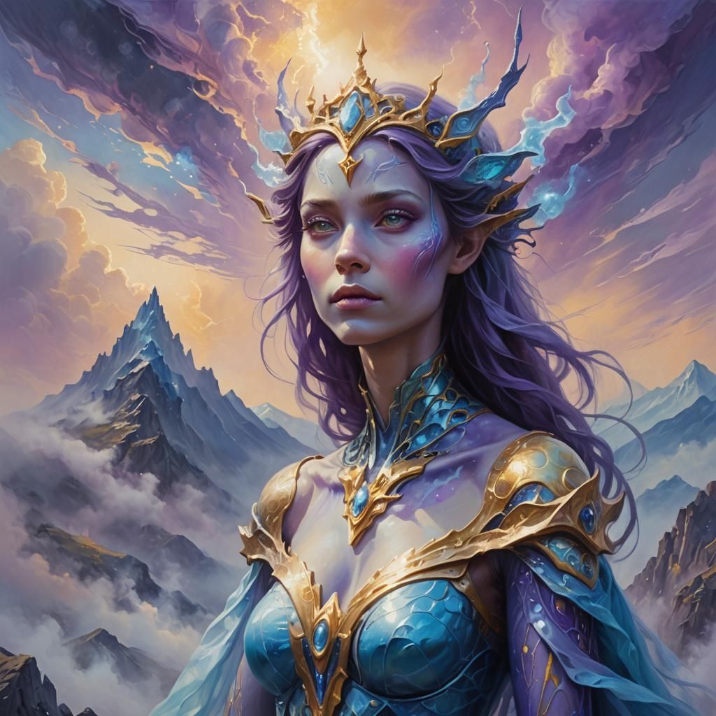 Glowing Alien Princess on Misty Mountain Top