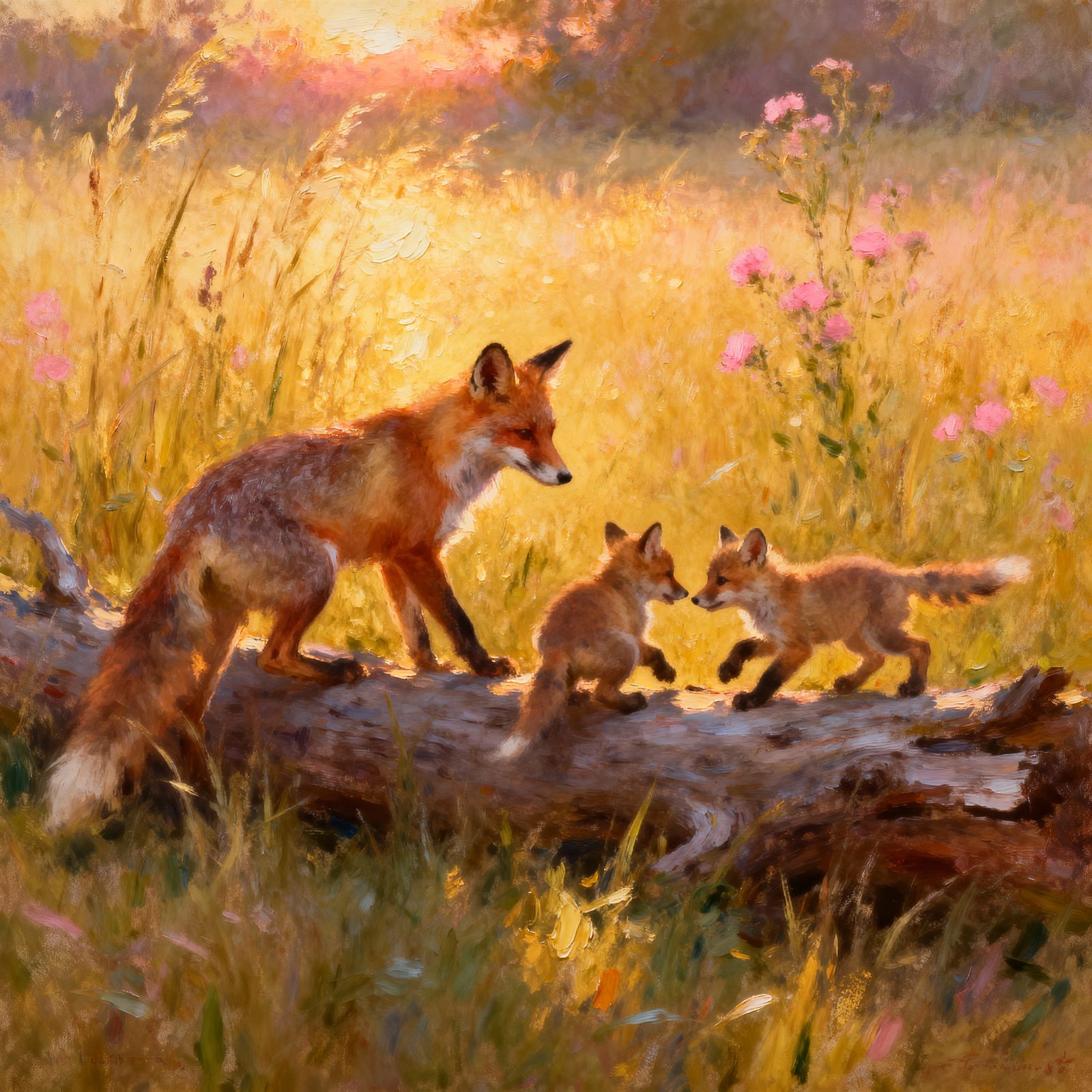 Impressionist Meadow at Dusk with Fox Family