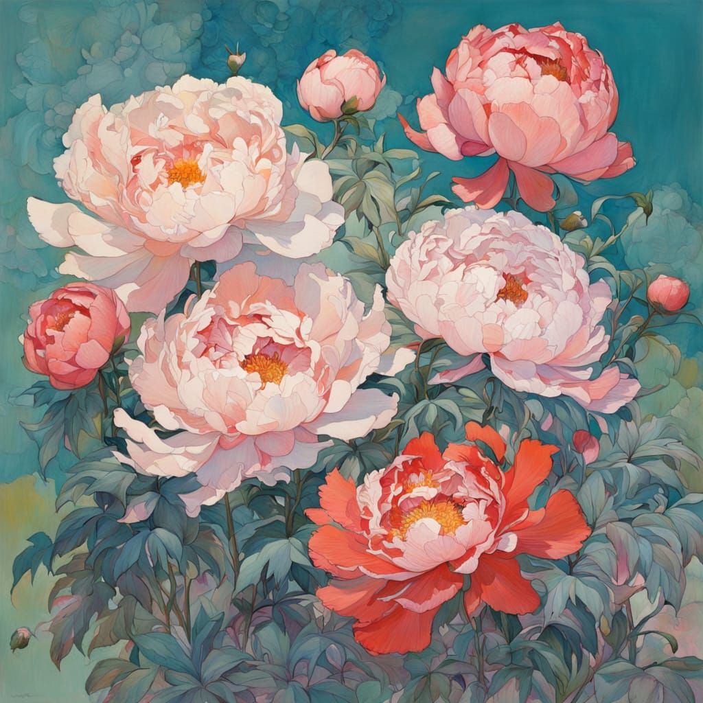 Impressionist Peony Blooms in Vibrant Colors