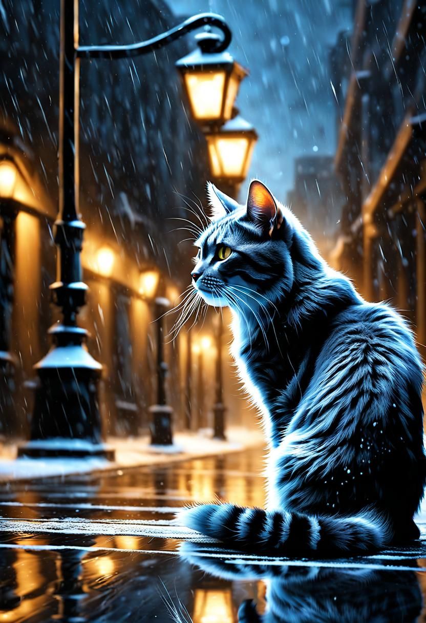 Nocturnal Cat in Gray City Snowscape