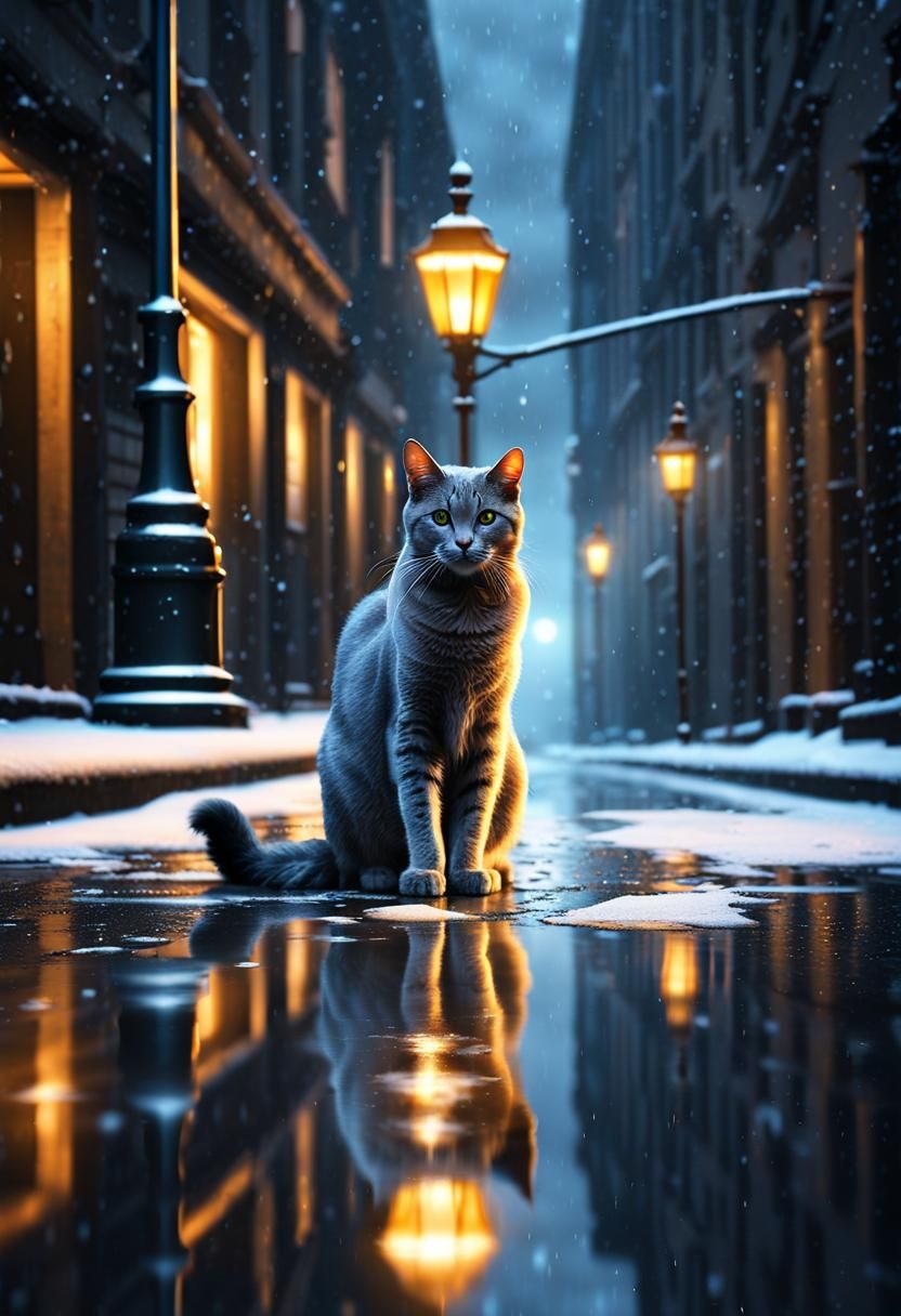 Eerie Night Cat in Gray Cyberpunk City