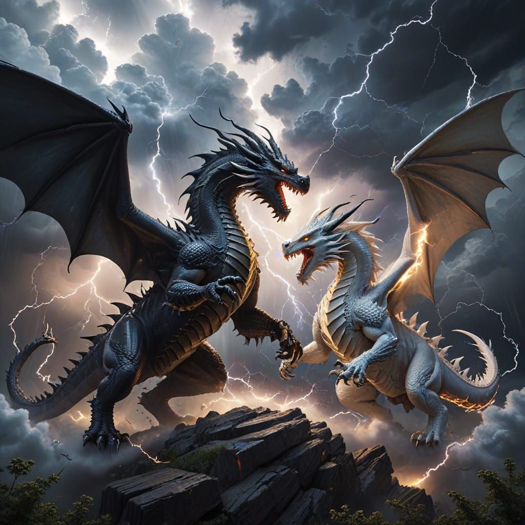 Epic Dragon Fight in Thunderstorm Sky