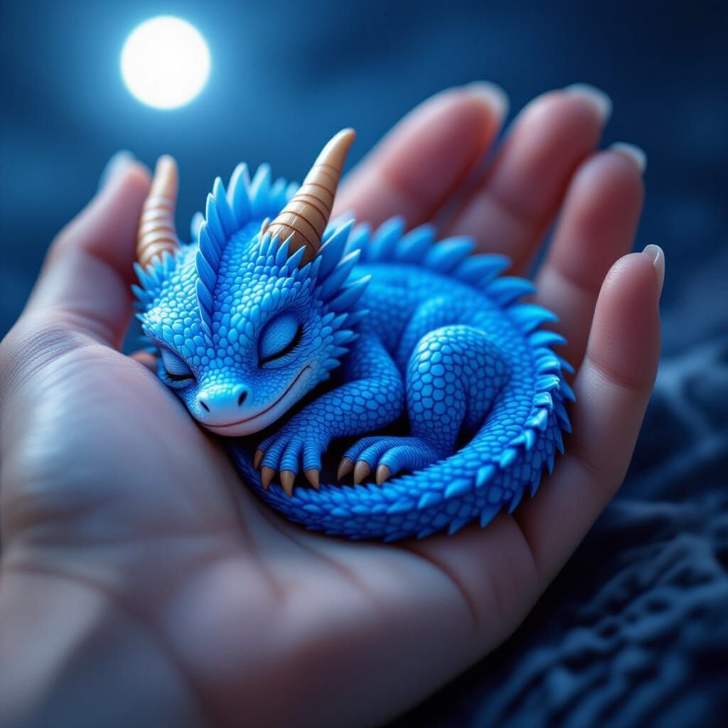 Tiny Blue Dragon Sleeps in Hand: Macro Night Photography
