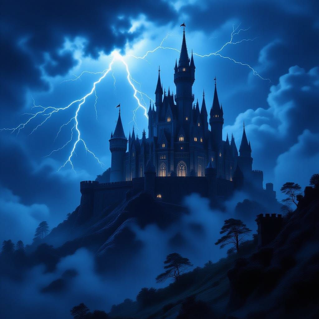 Gothic Castle Silhouetted Against Stormy Night Sky