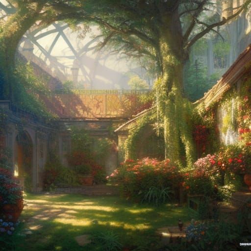 Lush Courtyard Garden in Fantasy Art Style
