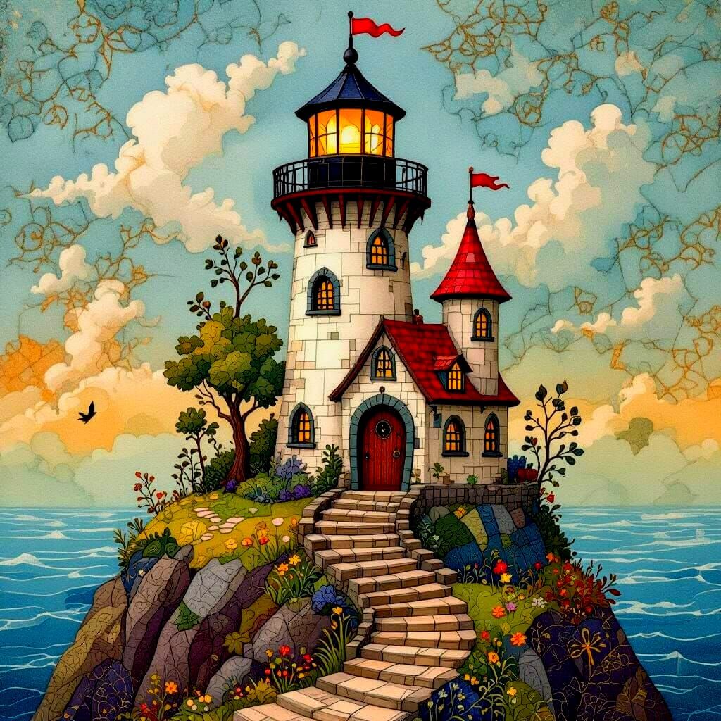 Whimsical Storybook Lighthouse in Surreal Style