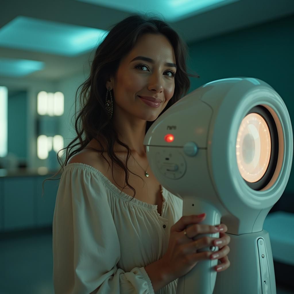 Singer Beside Futuristic Medical Device: Cinematic Portrait