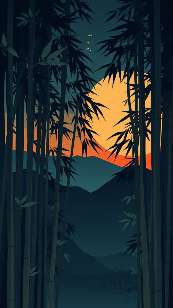 Mystical Bamboo Forest: Japanese Woodcut Style