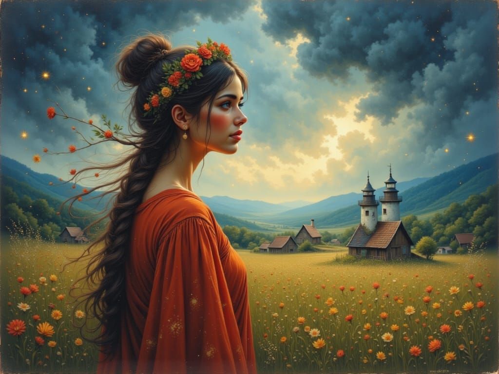 Woman in Stormy Village: Painterly Watercolor Illustration