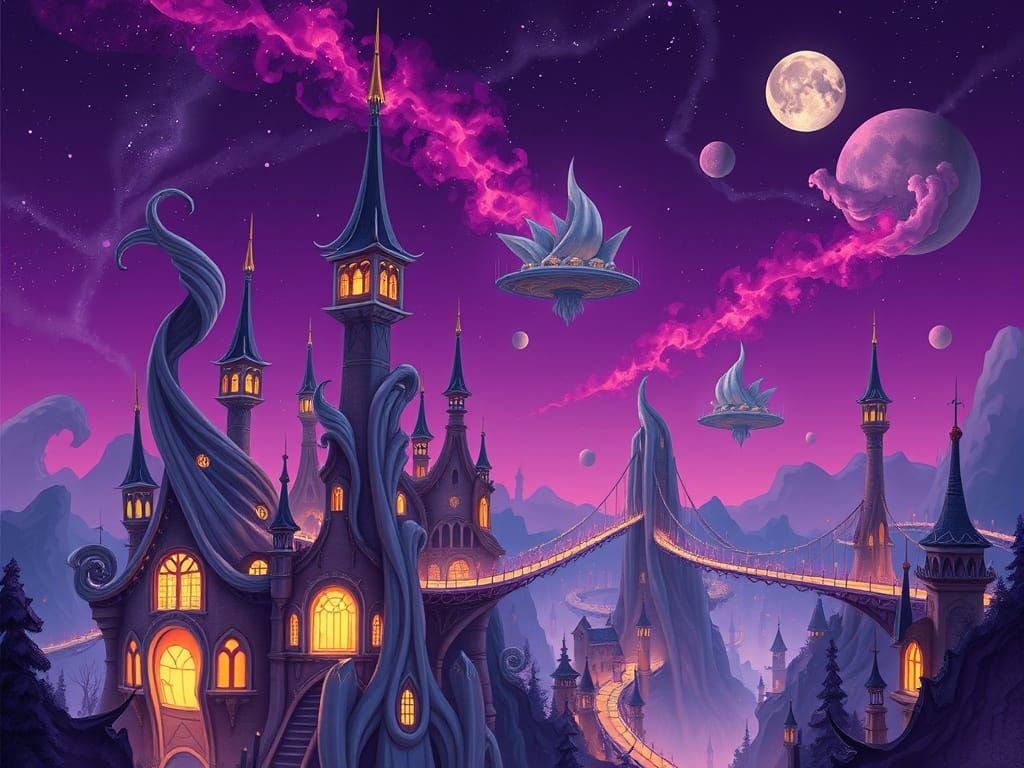 Fantastical Glowing Cityscape with Spiraling Towers