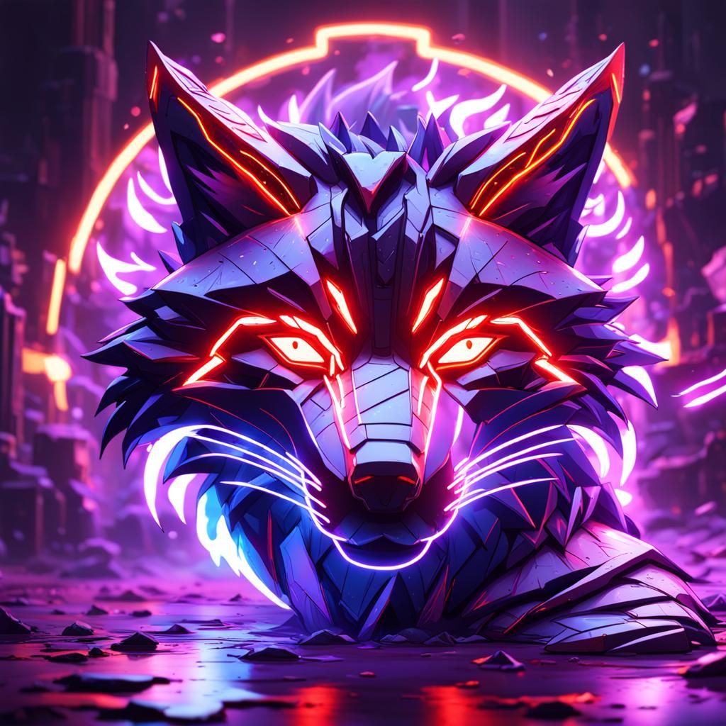Neon Fox in Red Lightning: Dark Fantasy Art