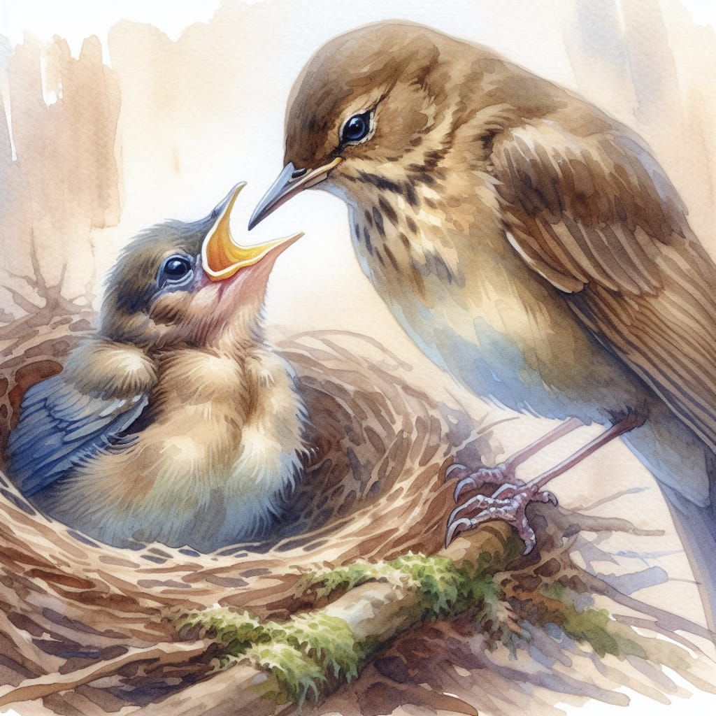 Touching Watercolor of Nightingale Chick and Mother