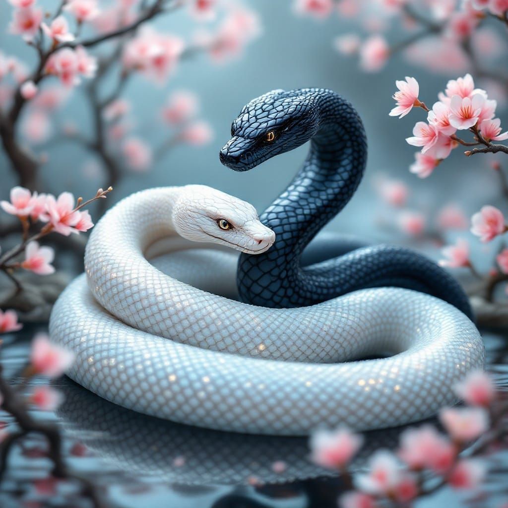 Iridescent Snake Couple Surrounded by Blooming Sakura in Tra...
