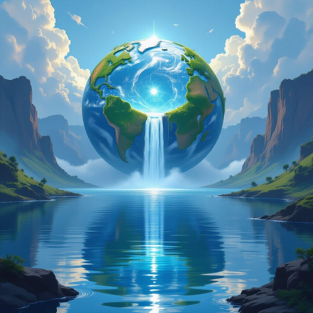 Futuristic Inner Earth Waterfall in Yin Yang Symbol