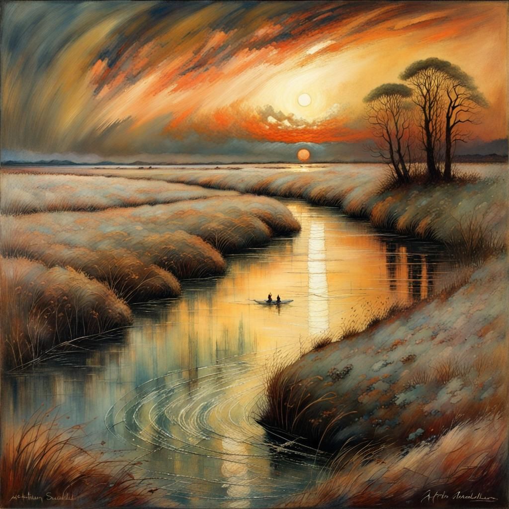 Stormy Sunset in Naive Art Style