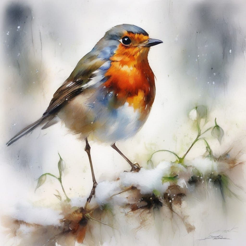 Tiny Robin on Snowy Branch Neo-Impressionist Oil Painting