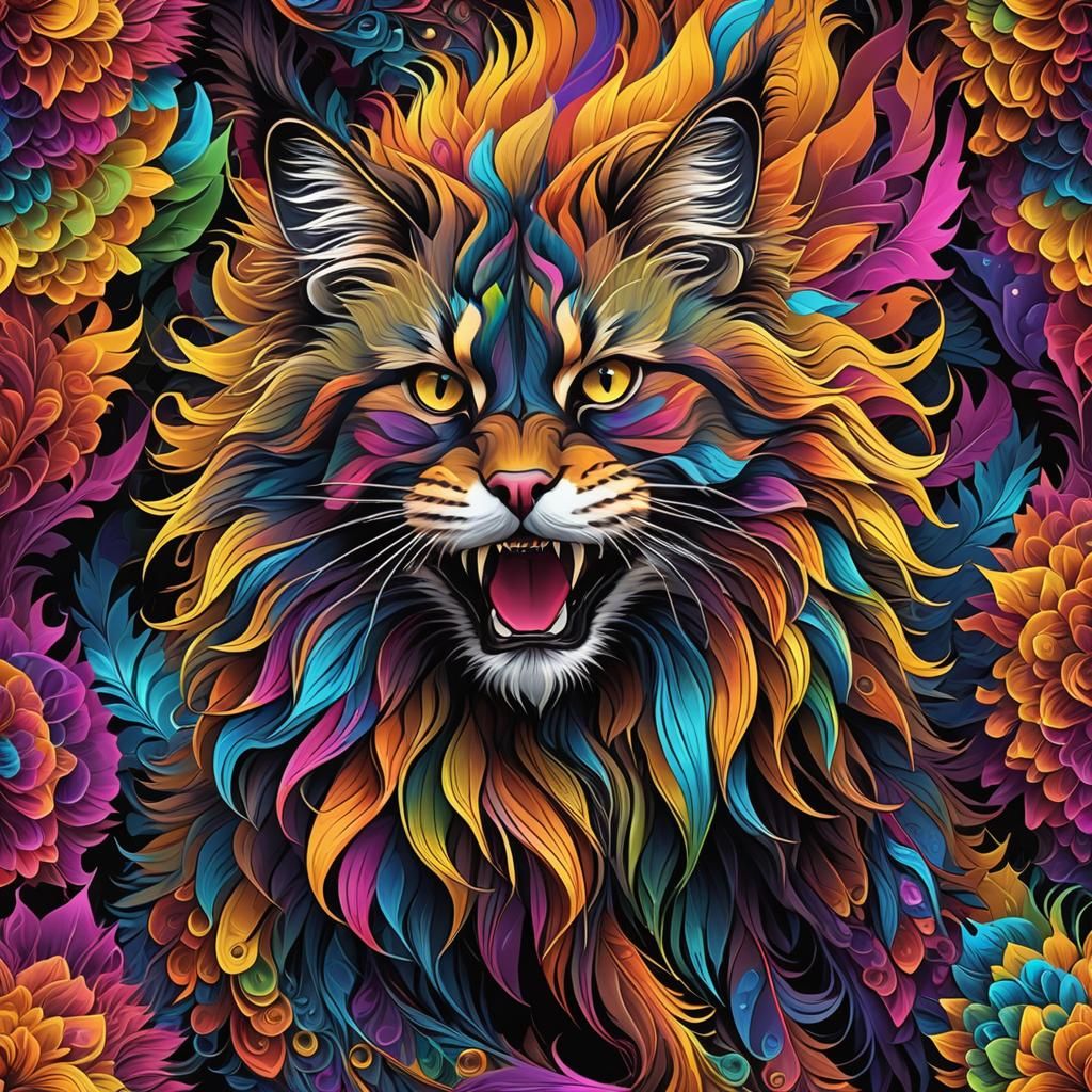3d vector rainbow-colored wavy fractal neon mainecoon a raco...