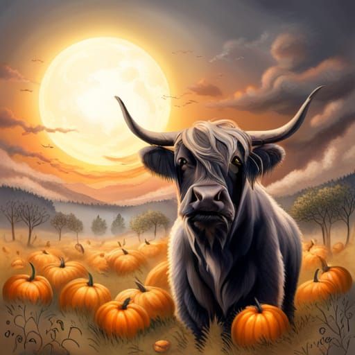 Black Highland Cow Wizard in Pumpkin Patch