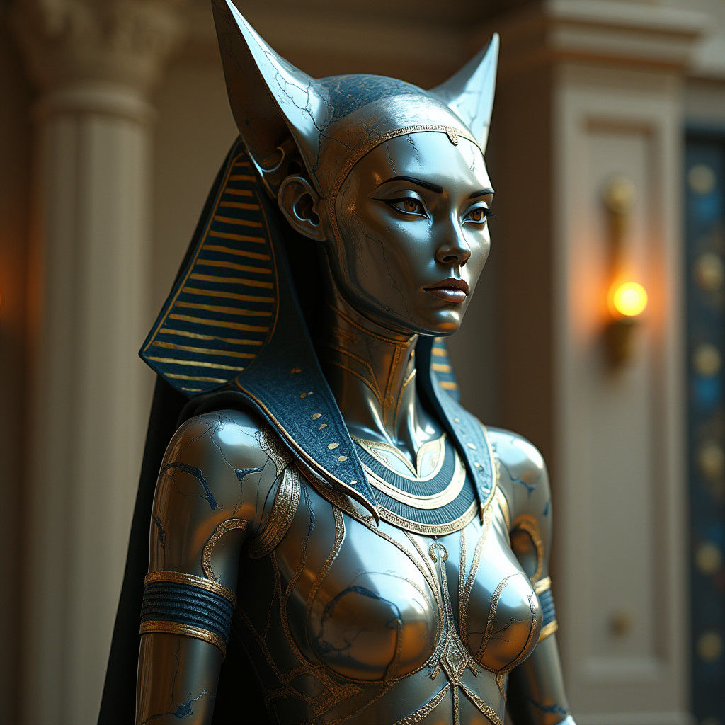 Chrome Bastet: Egyptian Goddess in Sci-Fi Style