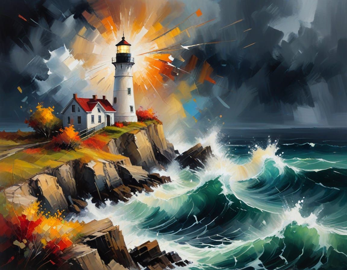 Lighthouse on Stormy Coast in Abstract Expressionism