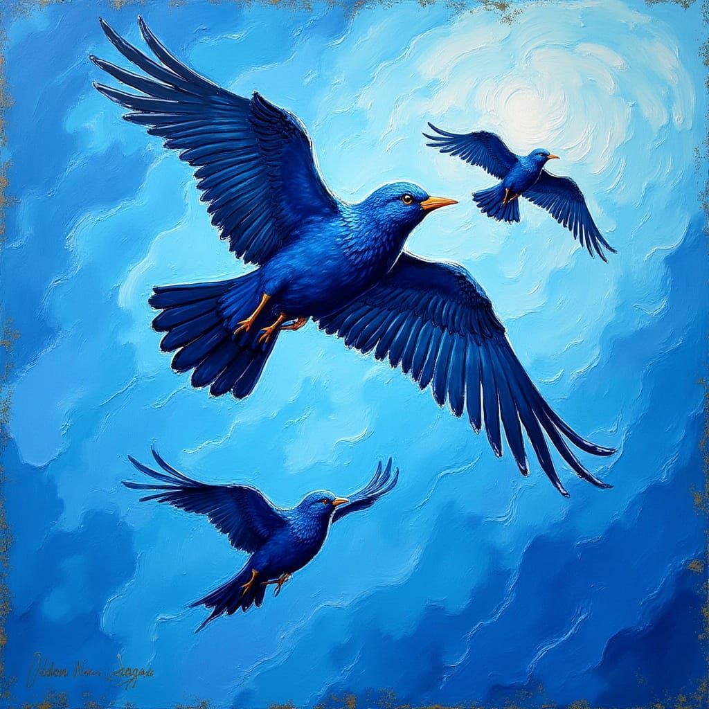 Bluebirds Soaring in a Post-Impressionist Sky
