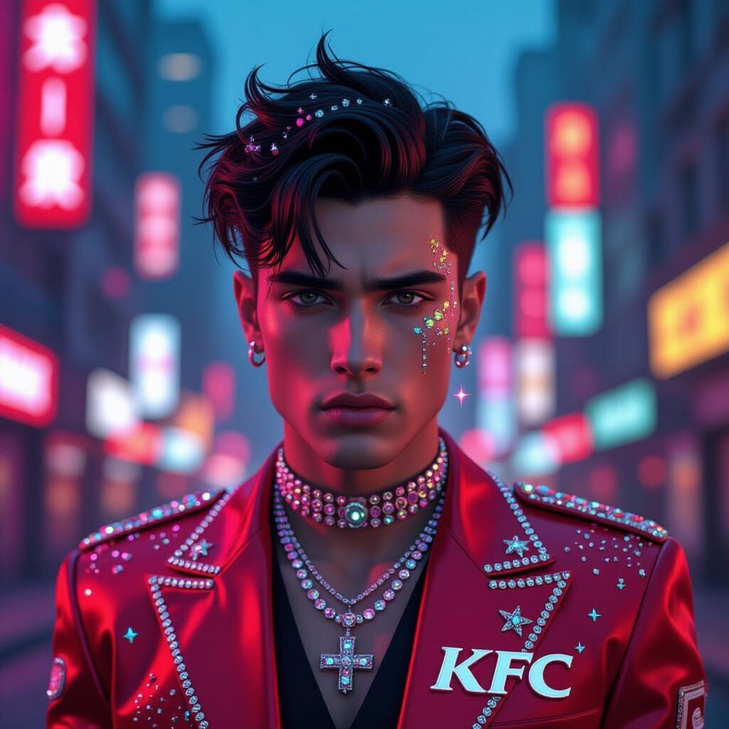 Man in KFC Outfit with Neon Glitter and Futuristic Jewelry